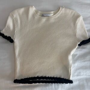 Zara Cream and Black Cropped Knit Top